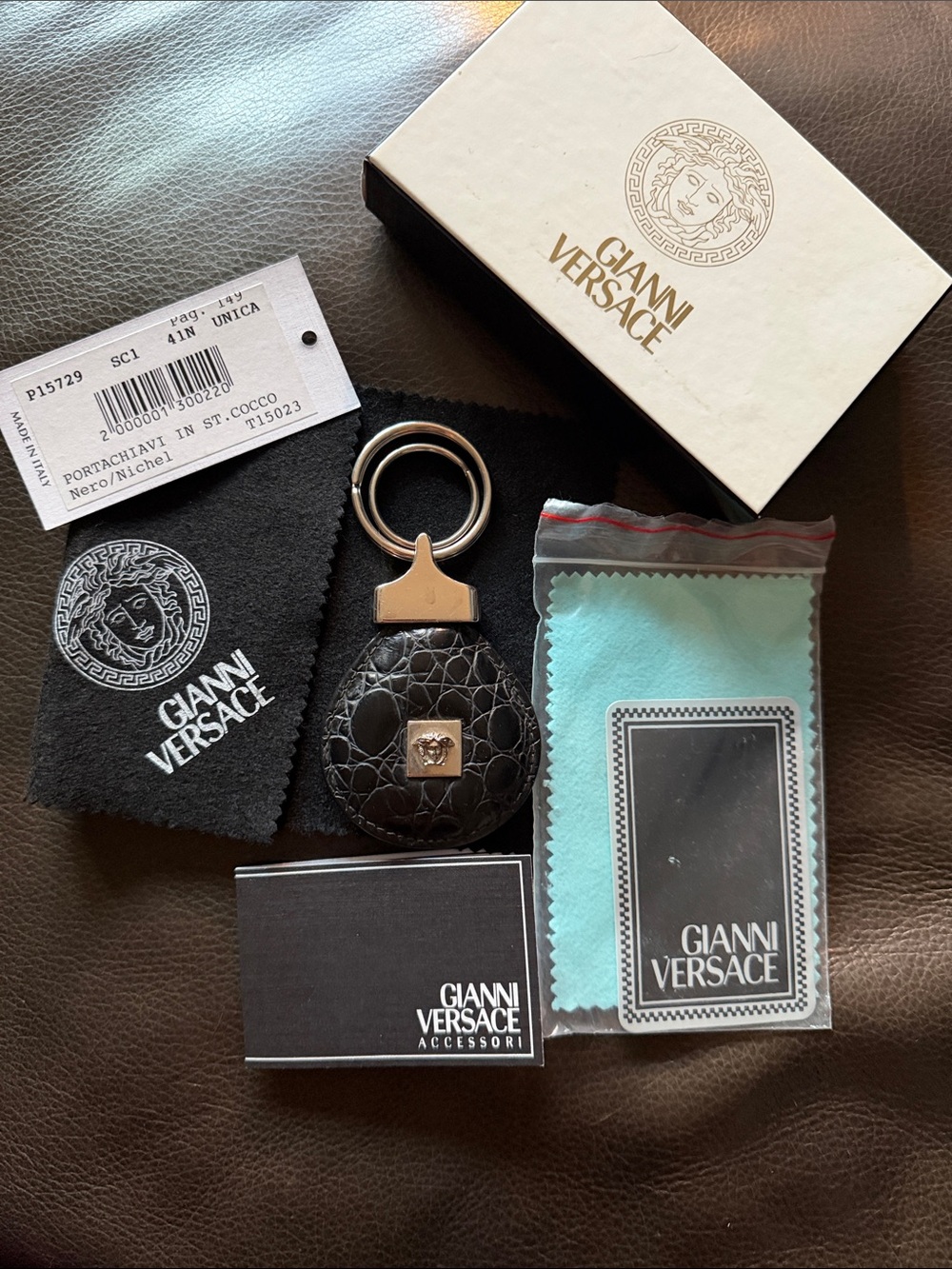 Versace Black Croc-Texture Leather Keyring with silver-Tone Medusa Detail